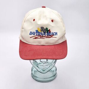 Vintage Daytona Beach Racing Adjustable Baseball Hat Cap Red White Race Car